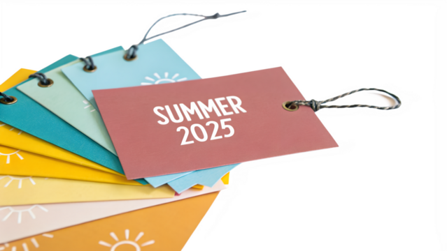 Colorful tags with the text 'SUMMER 2025' on a transparent background. The tags are in various colors including blue, yellow, and orange, showcasing a seasonal theme. - Powered by Adobe