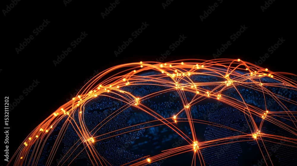 Poster an image depicting a dark blue globe with a network of glowing orange lines connecting various point