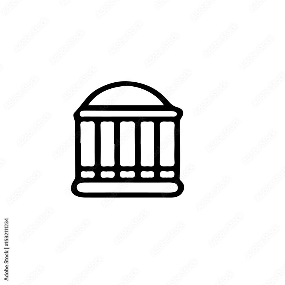 Poster a simple black and white line drawing of a classical building with columns and a domed roof structur