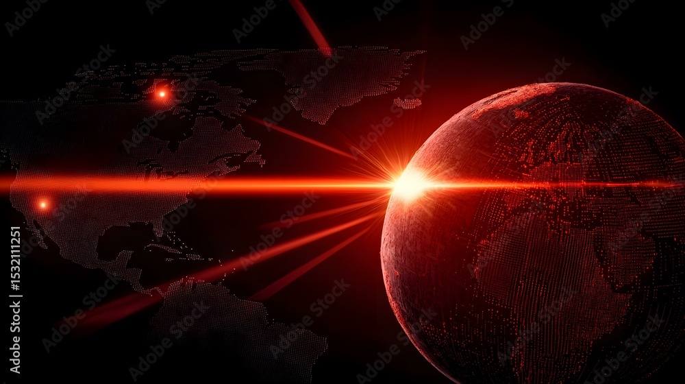 Poster a stylized, red-toned image depicts a three-dimensional globe with a world map partially visible, il