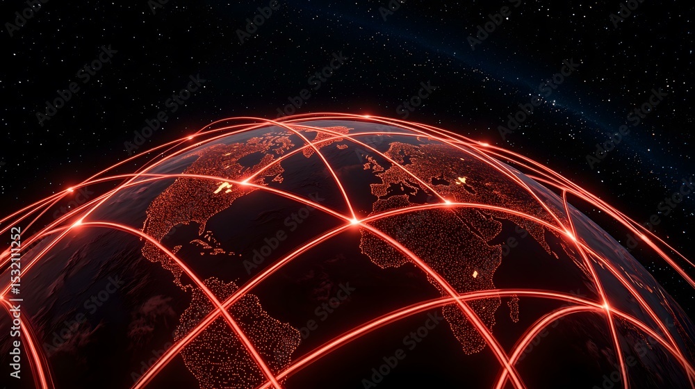 Aufkleber the image shows a dark, stylized depiction of planet earth enveloped by a glowing red network of int
