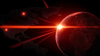Obraz premium A stylized, red-toned image depicts a three-dimensional globe with a world map partially visible, illuminated by a radiant red light beam that spans across the globe and a portion of the Americas.