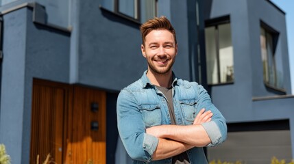 Fototapeta premium Smiling man in denim shirt standing outside modern blue house