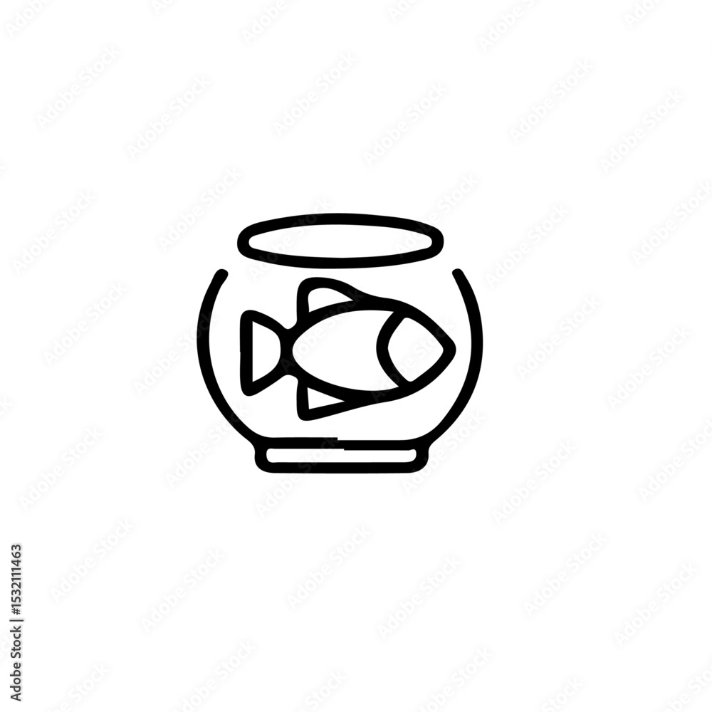 Poster a simple line drawing of a fish in a fishbowl in a minimalist style on a white background design ico
