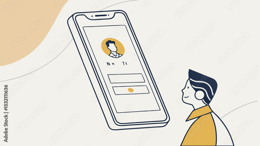 Poster illustration of a man looking at a smartphone with a login screen and profile picture on display scr