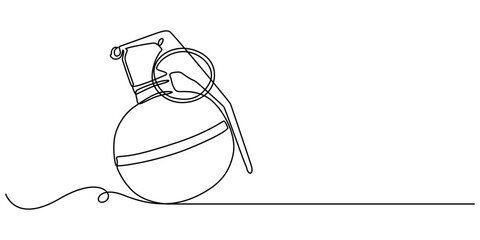 Continuous single line drawing of grenades isolated on white background. The equipment for war. Army weapon concept, Continuous one line drawing of hand grenade. equipment minimalism design. vector. 