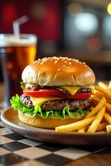 Close-up shot of a juicy burger, crispy fries, and a refreshing soda, classic fast food meal on a checkered table , food, juicy