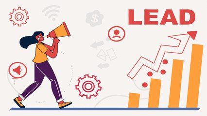 Illustration of a woman with a megaphone next to a growing bar graph and the word lead in bold letters