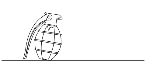Continuous single line drawing of grenades isolated on white background. The equipment for war. Army weapon concept, Continuous one line drawing of hand grenade. equipment minimalism design. vector. 