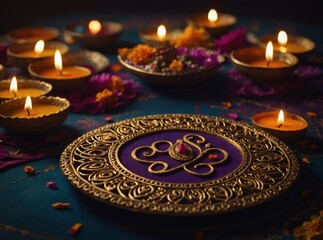 Diwali Celebration with Decorative Tray, Oil Lamps, and Flower Petals for Festive Occasion
