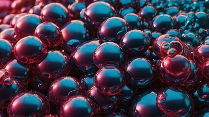A cluster of shiny spheres with blue and pink reflections filling the entire frame in a close up view