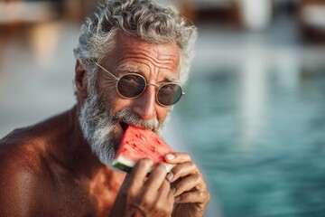 Senior man eating watermelon by the pool in summer light