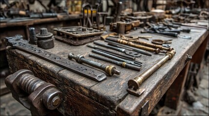 High-Quality Stock image of vintage Industrial Tools on a Workbench: A Detailed View of Metalwork and Machinery.