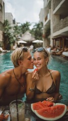 Young couple sharing watermelon and smiling in a pool