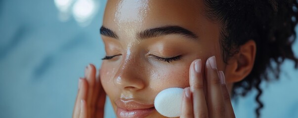 Close-up of a woman using toner and cotton pad to remove makeup., Generative AI