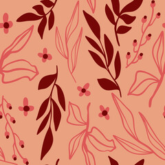 Abstract Hand Drawing Daisy Ditsy Retro Flowers Branches and Leaves Seamless Vector Pattern Isolated Background