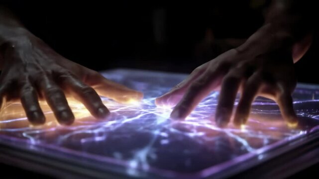 Hands interact with glowing tech.
