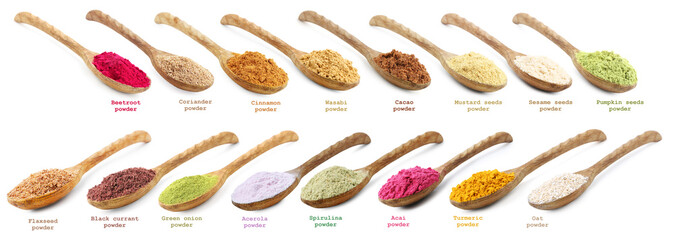 Superfoods. Different powders in spoons and names on white background, set