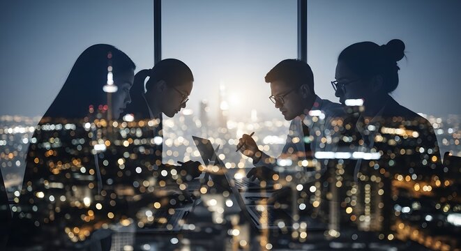 Professional Team Working Late with City Lights Overlay in Blue Tones