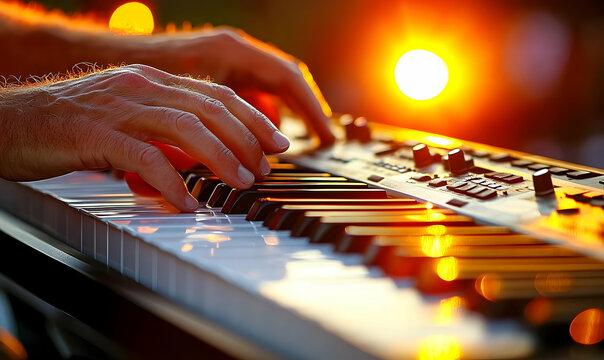 Close up hands playing keyboard instrument warm lighting - Powered by Adobe