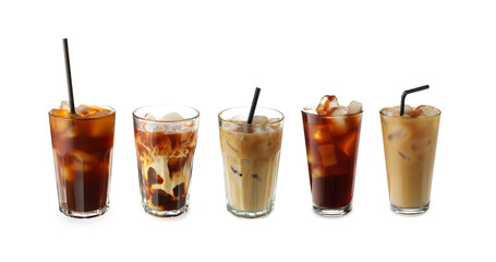 Refreshing iced coffee drinks in different glasses isolated on white, set