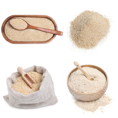 Oat bran and powder on white background, set
