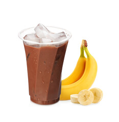 Tasty chocolate milk in plastic cup and fresh banana fruits on white background