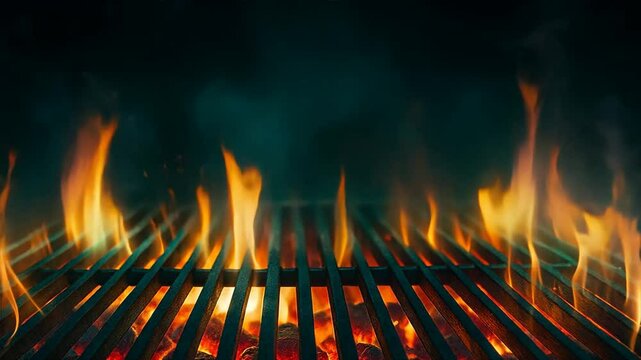 Empty metal grill with fire flames rising in dark background. Cooking, BBQ party, summer picnic or backyard grilling food preparation theme