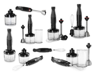 Modern hand blender kit isolated on white, collage