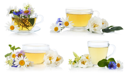 Herbal tea in glass cups and fresh herbs isolated on white, collage