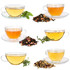 Herbal tea in glass cups isolated on white, collage