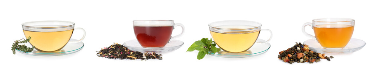 Herbal tea in glass cups isolated on white, collage