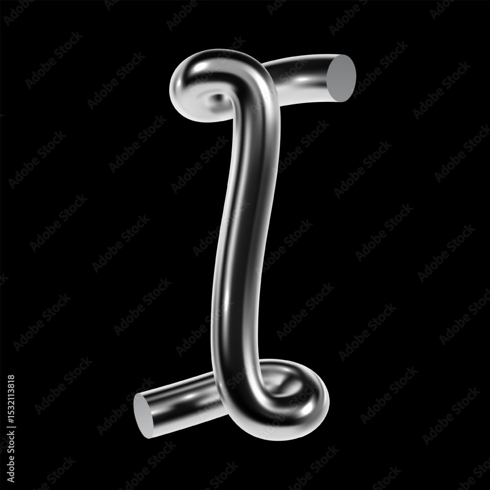 Poster glossy 3d chrome letter i with metallic surface and tubular line in y2k techno style. reflective vec