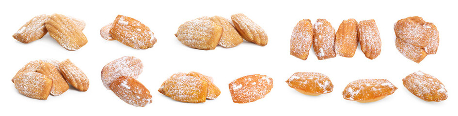 Tasty madeleine cakes on white background, collage