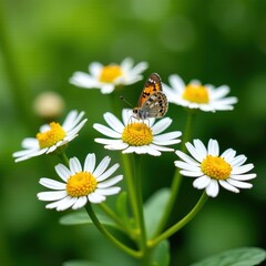 Obraz premium Small butterfly on white daisies in a green garden setting with bokeh background.