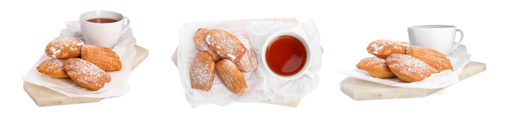 Tasty madeleine cakes and cup of tea on white background, collage
