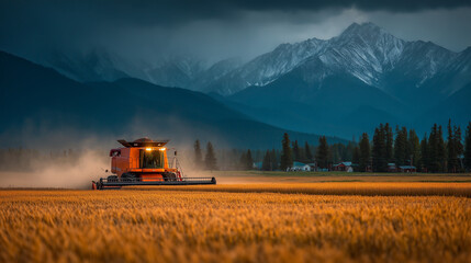 Combine harvester operates in a golden wheat field at dusk with misty mountains and a forested village in the background, showcasing rural life and rugged beauty