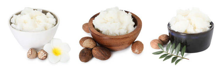 Natural shea butter on white background, set