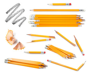 Many graphite pencils on white background, collage