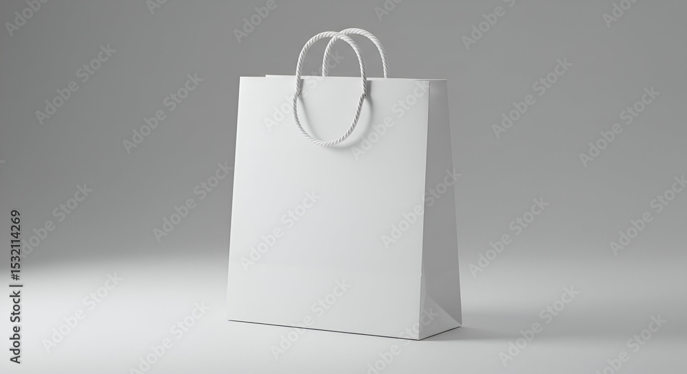 Poster blank white paper shopping bag with twisted rope handles in a studio setting. empty bag rests on a p