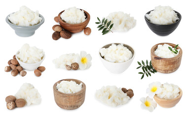 Natural shea butter on white background, collage