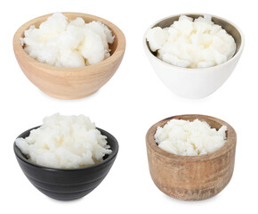 Natural shea butter in bowls on white background, set