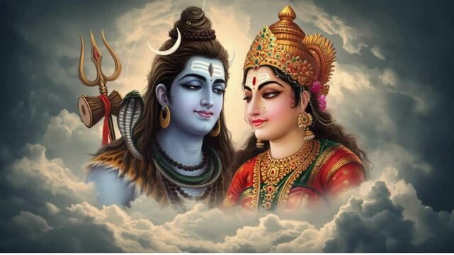 digital painting of Shiva and Parvati, both Hindu deities, in a romantic embrace. Shiva is depicted with a blue skin tone, long dark hair, and a trident in his hand. Parvati has a fair skin tone, long