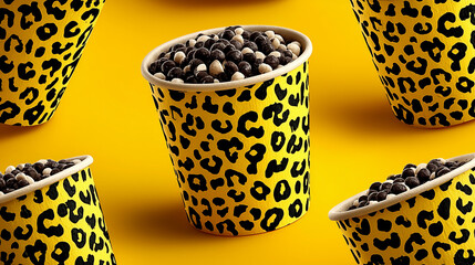 Bright yellow leopard-print cups filled with chocolate-coated treats on a vivid yellow background, blending bold design with sweet indulgence.