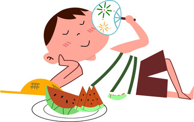 boy cooling off with fan and eating watermelon