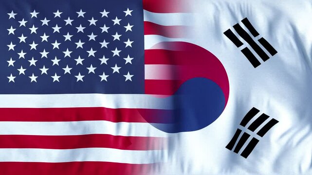 FLAGS OF THE COUNTRIES USA AND KOREA SOUTH. A mesmerizing, ultra-slow-motion video of a high-quality flag gracefully waving in the wind, capturing every delicate ripple and fold in stunning detail.