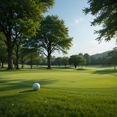 Golf ball on a manicured green under trees near the edge of a tranquil golfing landscape