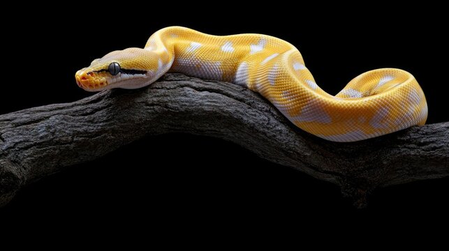 Yellow tree python snake on branch, snake on branch, reptiles closeup