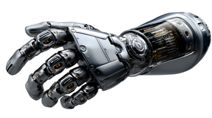 "Silver metallic robotic arm reaching out, isolated on transparent background"