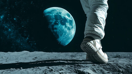 Astronaut takes first step on the moon with a beautiful blue glowing moon background